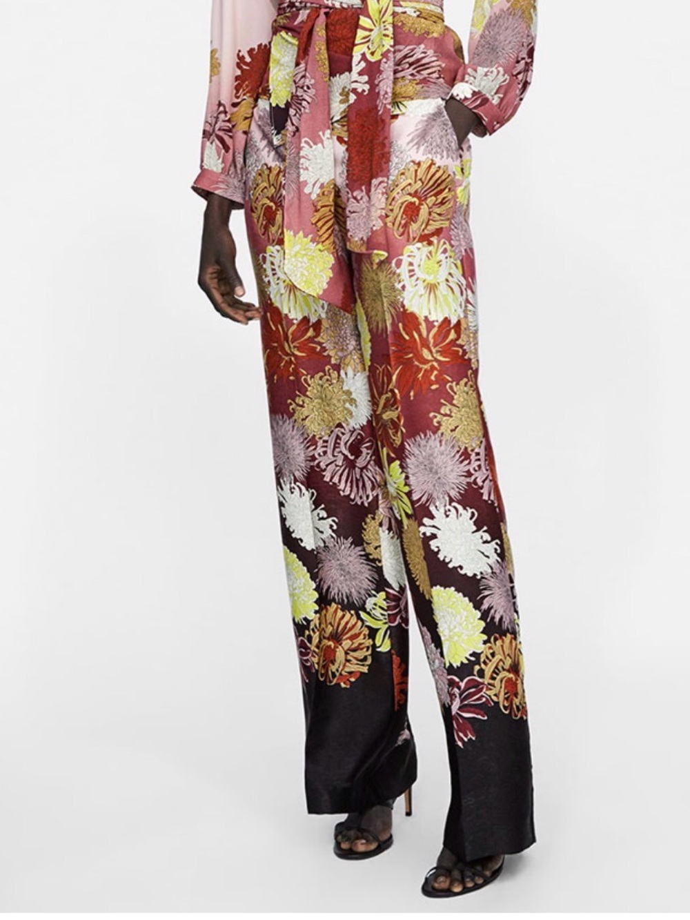 Zara Floral Wide-Leg Satin Pants in Burgundy, Pink & Yellow